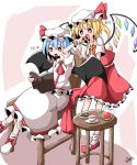  2girls ankle_boots arm_above_head bat_wings behind_another blonde_hair blue_hair book boots bright_pupils chair checkerboard_cookie commentary_request cookie cravat cup feeding flandre_scarlet food food_in_mouth generalcanon hat hat_ribbon highres mob_cap multiple_girls one_side_up open_book partial_commentary pink_background plate puffy_short_sleeves puffy_sleeves reading red_eyes red_neckwear red_skirt red_vest remilia_scarlet ribbon saucer shirt short_hair short_sleeves siblings sisters sitting skirt skirt_set standing table teacup teapot touhou two-tone_background vest white_background white_footwear white_headwear white_pupils white_shirt white_skirt wings wrist_cuffs yellow_neckwear 