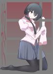  1girl black_eyes black_hair black_legwear black_neckwear black_undershirt bob_cut breasts commentary empty_eyes full_body grey_skirt head_tilt highres kneeling light_smile monogatari_(series) necktie no_shoes oshino_ougi owarimonogatari pink_shirt puffy_sleeves school_uniform shirt short_hair skirt sleeves_past_fingers sleeves_past_wrists small_breasts thigh-highs tonari_no_kishida translated window 