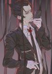  black_hair black_neckwear black_ribbon brown_eyes cellphone club_(shape) commentary formal hair_slicked_back highres holding holding_phone hong kaiki_deishuu looking_at_viewer looking_to_the_side male_focus monogatari_(series) necktie phone ribbon shirt smartphone suit suit_jacket upper_body white_shirt 