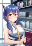  1girl absurdres arknights bangs bare_arms bare_shoulders bespectacled blue_hair blush book bookshelf breasts ch&#039;en_(arknights) commentary dragon_horns eyebrows_visible_through_hair glasses great_lungmen_logo hair_between_eyes highres holding holding_book horns indoors long_hair looking_at_viewer low_twintails medium_breasts necktie nenechi red_eyes revision shirt sleeveless sleeveless_shirt solo twintails upper_body white_shirt wing_collar yellow-framed_eyewear yellow_neckwear 