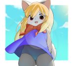  1girl :3 akuma_gaoru animal_ears animal_nose black_fur blonde_hair blue_dress blush bow clouds commentary_request cowboy_shot dress eyebrows_visible_through_hair fangs furry futaba_channel long_hair looking_at_viewer open_mouth red_bow red_eyes school_swimsuit sky smile solo sunlight swimsuit tail uripi white_fur 