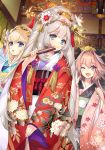 astolfo_(fate) black_bow blonde_hair blue_eyes blue_kimono bow character_request chevalier_d&amp;#039;eon_(fate/grand_order) comb commentary_request fan fang fate/grand_order fate_(series) floral_print folding_fan furisode grey_hair hair_intakes hair_ornament highres indoors itou_noiji japanese_clothes kanzashi kimono looking_at_viewer marie_antoinette_(fate/grand_order) nihongami obi official_art one_eye_closed otoko_no_ko pink_hair pink_kimono print_kimono red_kimono sash skin_fang violet_eyes wide_sleeves 