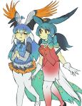  2girls blue_hair blush bow bowtie gloves gradient_hair hat head_wings highres igarashi_(nogiheta) kemono_friends multicolored_hair multiple_girls passenger_pigeon_(kemono_friends) peafowl_(kemono_friends) skirt tail tail_feathers thigh-highs uniform wings yellow_eyes 