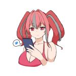  1girl :| absurdres azur_lane bangs bare_shoulders bikini bremerton_(azur_lane) cellphone closed_mouth collarbone eyebrows_visible_through_hair hair_between_eyes halterneck highres holding holding_phone looking_at_phone multicolored_hair phone pink_bikini pink_eyes pink_hair shuri_(zenraha) smartphone streaked_hair swimsuit twintails twitter_logo upper_body 