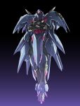  absurdres armor atmos_(gundam) black_background commentary crossed_arms floating glowing glowing_eye gradient gradient_background gundam highres ishiyumi looking_at_viewer mecha mobile_suit no_humans one-eyed pink_eyes purple_background shiny solo spiked_armor standing 