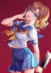  1girl blue_eyes butcher_knife dress hat higurashi_no_naku_koro_ni luffy123 open_mouth orange_hair orange_neckwear pleated_skirt red_background ryuuguu_rena school_uniform short_hair short_sleeves simple_background skirt slit_pupils smile solo yandere 