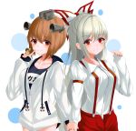  2girls absurdres anchor_symbol arm_at_side arm_belt arm_up blush breasts brown_eyes brown_hair commentary crossover drawstring expressionless eyebrows_visible_through_hair finger_to_mouth fujiwara_no_mokou hair_between_eyes hair_ribbon headgear highres holding_hands kantai_collection kure:kuroha lifebuoy long_hair looking_at_viewer medium_breasts multiple_girls one-piece_swimsuit pants polka_dot polka_dot_background red_eyes red_nails red_pants ribbon school_swimsuit shirt short_hair silver_hair sleeves_past_wrists small_breasts smile standing suspenders swimsuit touhou upper_body very_long_hair white_background white_hoodie white_shirt yukikaze_(kantai_collection) 