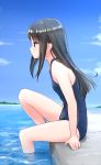  1girl alternate_costume asashio_(kantai_collection) black_hair blue_eyes blue_swimsuit eyebrows_visible_through_hair from_side highres kantai_collection long_hair looking_to_the_side retsumaru school_swimsuit soaking_feet solo swimsuit 