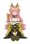  1girl animal_ear_fluff animal_ears bow closed_eyes fate/extra fate/extra_ccc fate_(series) fox_ears fox_girl fox_tail green_bow green_kimono green_legwear hair_bow japanese_clothes kimono long_hair merokonbu0 obi pink_hair sash seiza simple_background sitting solo tail tamamo_(fate)_(all) thigh-highs white_background wide_sleeves 