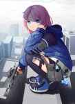 1girl arknights bangs blue_eyes blue_footwear blue_jacket blue_poison_(arknights) building commentary eyebrows_visible_through_hair from_side gun hand_up handgun highres holding holding_gun holding_weapon hood hood_down jacket junshiki long_sleeves looking_at_viewer outdoors pink_hair pistol pouch shoes short_hair solo squatting weapon 