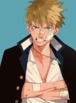  1boy alternate_costume bandage_on_face bandages blonde_hair blood blue_background blue_eyes bruise chest facial_mark highres injury jacket_on_shoulders jewelry looking_at_viewer male_focus naruto naruto_(series) necklace open_clothes open_mouth open_shirt oriharaizaya0111 uzumaki_naruto whisker_markings 