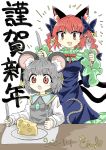  animal_ears black_bow black_dress bow cat_ears cat_girl cat_tail cheese chups dress extra_ears fang food fork frilled_dress frilled_sleeves frills green_frills grey_background grey_dress grey_hair highres jewelry kaenbyou_rin knife mouse_ears mouse_tail multiple_tails nazrin red_eyes red_nails red_neckwear redhead signature star_(symbol) tail touhou two_tails white_sleeves 