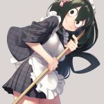  1girl alternate_costume apron asui_tsuyu bangs black_eyes black_hair boku_no_hero_academia closed_mouth enmaided grey_background hair_between_eyes hair_ornament hair_rings holding japanese_clothes kimono long_hair maid maid_headdress mochi_(mochi444420) simple_background solo wa_maid white_apron 