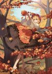  1girl aki_minoriko autumn autumn_leaves bangs barefoot blonde_hair blurry cupping_hands day depth_of_field dress falling_leaves floating food forest fruit grapes hair_ornament hat hat_ornament holding holding_leaf houraisan_chouko in_tree layered_dress leaf leaf_hair_ornament long_sleeves maple_leaf mob_cap nature outstretched_arms red_headwear short_hair sky solo touhou tree tree_shade wide_sleeves 