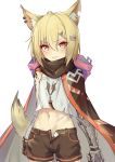  1girl animal_ears arknights bare_shoulders black_shorts blonde_hair cape cowboy_shot crop_top crop_top_overhang earrings fox_ears fox_girl fox_tail frown hair_ornament hairclip jewelry looking_at_viewer midriff navel open_fly orange_eyes ore_lesion_(arknights) prosthesis prosthetic_arm scarf shirt short_hair short_shorts shorts simple_background sleeveless sleeveless_shirt solo standing stomach tail v-shaped_eyebrows vermeil_(arknights) white_background white_shirt yoruhachi 