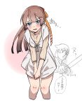  2girls blue_eyes blush brown_hair casual cowboy_shot derivative_work dress fujisaki_(si_da) gradient_hair hair_ribbon highres hiryuu_(kantai_collection) holding holding_sword holding_weapon kantai_collection kazagumo_(kantai_collection) long_hair looking_at_viewer multicolored_hair multiple_girls parody ribbed_sweater ribbon simple_background solo_focus sweater sword translation_request tsukiji_uogashi_sandaime weapon white_dress white_sweater 