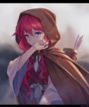  1girl akatsuki_no_yona arrow_(projectile) artist_name bangs blurry blurry_background breasts brown_cloak cloak commentary_request covering_mouth crying crying_with_eyes_open glint hair_between_eyes hand_over_own_mouth highres hood hood_up kin_toki letterboxed long_hair looking_at_viewer parted_lips quiver redhead solo tears violet_eyes wide_sleeves yona_(akatsuki_no_yona) 