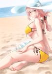  1girl absurdres artist_request ass back bangs bare_shoulders barefoot beach bikini blush braid breasts chaldea_lifesavers fate/grand_order fate_(series) feet florence_nightingale_(fate/grand_order) folded_ponytail hat highres large_breasts legs long_hair looking_at_viewer pink_hair red_eyes sand shirt shirt_removed single_braid smile sun_hat swimsuit under_boob white_headwear white_shirt yellow_bikini 