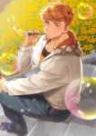  1boy alternate_costume bara blonde_hair bubble_blowing bubble_pipe casual chest collarbone floral_background flower full_body gradient_hair granblue_fantasy green_eyes higashigunkan holding hood hood_down hoodie light long_sleeves looking_at_viewer male_focus multicolored_hair open_clothes open_hoodie outdoors pants pectorals shoes sitting sitting_on_stairs solo stairs toned toned_male vane_(granblue_fantasy) yellow_flower 