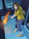  1girl bag braid brown_eyes brown_hair explosive fire glasses grenade gun highres long_hair resident_evil resident_evil:_resistance single_braid solo torch user_egrs5328 valerie_harmon weapon 