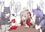  3girls animal_ear_fluff animal_ears arknights birthday_party blush food hair_between_eyes happy_birthday long_hair long_sleeves mirui multiple_girls pocky projekt_red_(arknights) provence_(arknights) tail texas_(arknights) translation_request wolf_ears 