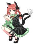 1girl :3 animal_ears bare_legs black_bow black_dress black_footwear black_ribbon bow braid cat_ears chups dress extra_ears eyebrows_visible_through_hair frilled_dress frilled_sleeves frills green_frills highres kaenbyou_rin multiple_tails neckwear red_eyes red_nails red_neckwear redhead ribbon solo tail touhou twin_braids two_tails white_background 