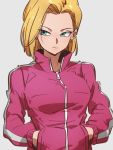  1girl android_18 blonde_hair blue_eyes dragon_ball dragon_ball_super earrings grey_background hands_in_pockets jacket jewelry kemachiku long_sleeves looking_to_the_side pink_jacket short_hair simple_background solo zipper 