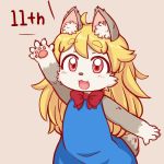  1girl :3 ahoge akuma_gaoru animal_ear_fluff beige_background black_fur blonde_hair blue_dress blush bow claws commentary_request cowboy_shot dress eyebrows_visible_through_hair fangs furry futaba_channel long_hair open_mouth pawpads red_bow red_eyes simple_background solo tail two-tone_fur uzumi white_fur 