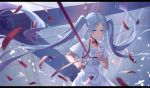 1girl artist_name blue_eyes blue_hair closed_mouth commentary_request dress floating_hair hair_ribbon hatsune_miku highres holding holding_scissors kin_toki letterboxed light_smile long_hair oversized_object red_ribbon ribbon scissors short_sleeves solo tears twintails very_long_hair vocaloid white_dress white_ribbon 