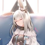  1girl alternate_costume animal_ears arknights chinese_commentary closed_eyes commentary_request couch eyebrows_visible_through_hair facial_scar fingerless_gloves frostnova_(arknights) gloves highres lanelise name_tag nose_scar rabbit_ears rhodes_island_logo scar smile solo white_hair 