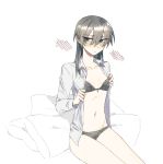  1girl blush bra breasts buttoniris closed_mouth collared_shirt embarrassed eyebrows_visible_through_hair grey_bra grey_eyes grey_hair grey_panties hair_between_eyes long_sleeves looking_at_viewer navel open_clothes open_shirt original panties pillow shirt simple_background sitting small_breasts solo underwear undressing white_background wing_collar 