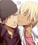  2boys ;) akai_shuuichi amuro_tooru beanie black_hair black_headwear black_jacket black_shirt blonde_hair casual closed_eyes collared_shirt commentary_request couple dark_skin dark_skinned_male eyebrows_visible_through_hair green_eyes hair_between_eyes hat heart jacket kiss male_focus mashima_shima meitantei_conan multiple_boys one_eye_closed open_mouth pink_shirt shirt simple_background smile twitter_username upper_body upper_teeth white_background white_jacket yaoi 