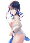  1girl ass bangs bare_shoulders black_hair blue_eyes blue_ribbon blush breasts closed_mouth collarbone dress fate/grand_order fate/requiem fate_(series) fundoshi highres japanese_clothes jewelry large_breasts long_sleeves looking_at_viewer magatama magatama_hair_ornament medium_hair multicolored_hair necklace otsukemono pelvic_curtain pink_hair puffy_long_sleeves puffy_sleeves ribbon short_dress sideboob sideless_outfit simple_background smile streaked_hair thighs utsumi_erise white_background white_dress 
