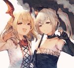  2girls :d black_choker black_gloves black_hairband blonde_hair bowler_hat choker doll_joints elbow_gloves expressionless fangs flower frills gloves granblue_fantasy hairband half-closed_eyes hat head_wings joints lace-trimmed_umbrella long_hair looking_at_viewer multiple_girls n.a. open_mouth orchis outstretched_hand parasol pointy_ears red_eyes rose sidelocks silver_hair smile symbol_commentary twintails umbrella upper_body vampy white_background 
