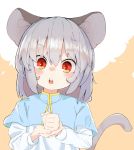  1girl animal_ears capelet commentary_request grey_hair highres kae_karee long_sleeves looking_at_viewer medium_hair mouse_ears mouse_tail nazrin open_mouth palm-fist_tap red_eyes shirt solo tail touhou upper_body white_shirt 