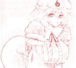  1girl armband bent_over breasts closed_mouth dress eyebrows_visible_through_hair hat highres huge_breasts long_dress long_sleeves looking_at_viewer monochrome neck_ribbon pillow_hat red_theme ribbon rye_(hyn_uka) saigyouji_yuyuko short_hair smile solo touhou 