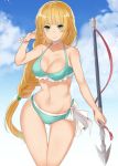  1girl ass_visible_through_thighs bikini blonde_hair bracelet clouds cowboy_shot cute fire_emblem fire_emblem:_three_houses fire_emblem:_three_houses fire_emblem_16 flower_bracelet green_eyes haru_(nakajou-28) ingrid_brandl_galatea intelligent_systems lance long_hair navel nintendo ponytail ribbon sexy sky solo summer swimsuit turquoise_bikini wide_hips 