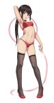  1girl arm_up armpits bangs black_legwear blunt_bangs blush breasts brown_eyes brown_hair candy chinese_commentary commentary eyebrows_visible_through_hair food food_in_mouth full_body holding hoop hula_hoop lollipop long_hair looking_at_viewer low_twintails mool_yueguang mouth_hold navel open_mouth original pigeon-toed red_footwear simple_background small_breasts solo sports_bra standing stomach thigh-highs twintails white_background 