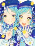  2girls 43_pon :d aqua_eyes aqua_hair bang_dream! bangs beret blue_bow blue_headwear bow braid brooch closed_mouth commentary constellation_hair_ornament earrings eyebrows_visible_through_hair frilled_shirt_collar frills hair_bow hat highres hikawa_hina hikawa_sayo idol jewelry long_sleeves looking_at_viewer multiple_girls open_mouth puffy_long_sleeves puffy_sleeves siblings side_braid single_braid sisters smile star_(symbol) star_print swept_bangs twins upper_body 