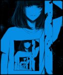  1girl bangs black_background black_border blue_theme blunt_bangs bob_cut border commentary english_commentary looking_at_viewer monochrome no_nose original parted_lips recursion shirt short_hair smile solo upper_body wataboku 