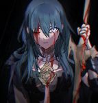  1girl armor blood blood_on_face blue_eyes blue_hair byleth_(fire_emblem) byleth_eisner_(female) clovisxvii fire_emblem fire_emblem:_three_houses holding holding_sword holding_weapon one_eye_closed parted_lips solo sword sword_of_the_creator upper_body weapon 