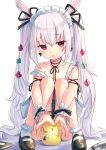  1girl :o animal_ears azur_lane bare_shoulders black_footwear black_leotard black_ribbon bobby_socks collarbone commentary_request covered_navel flower green_flower hair_flower hair_ornament hair_ribbon highres knees_up laffey_(azur_lane) leotard long_hair looking_at_viewer maid_headdress manjuu_(azur_lane) mary_janes menu parted_lips rabbit_ears red_flower ribbon shoes silver_hair sitting socks solo strapless strapless_leotard tray tsukiman twintails very_long_hair white_background white_legwear wrist_cuffs 