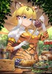  1girl animal_ear_fluff animal_ears animal_print bangs black_ribbon blonde_hair blue_eyes blurry blurry_background bread cheese commentary_request corn cutting_board elbow_gloves eyebrows_visible_through_hair fish food frown fruit gloves grapes guchico hair_between_eyes hair_ribbon kemono_friends kemono_friends_3 multicolored_hair necktie official_art orange_neckwear outdoors plaid plaid_skirt plate print_gloves puffy_short_sleeves puffy_sleeves ribbon serious shirt short_hair short_sleeves skirt smilodon_(kemono_friends) solo steam sword tiger_ears tiger_print two-tone_hair weapon white_hair white_shirt wing_collar 