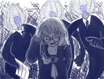  1girl artist_request business_suit formal glasses greyscale hands_on_own_head long_hair monochrome monster neckerchief necktie open_mouth persona persona_5 pointing_at_another sailor_collar sakura_futaba school_uniform suit tears translated 
