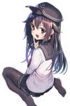  1girl akatsuki_(kantai_collection) anchor anchor_symbol bangs black_legwear black_skirt blush eyebrows_visible_through_hair flat_cap gurasion_(gurasion) hat head_tilt kantai_collection long_hair long_sleeves no_shoes open_mouth pantyhose pleated_skirt purple_hair sailor_collar school_uniform serafuku simple_background sitting skirt solo violet_eyes white_background 