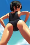  1girl absurdres ass bangs bare_arms bare_shoulders black_hair black_swimsuit blue_sky blush brown_eyes clouds day eyebrows_visible_through_hair from_behind from_below highres looking_at_viewer looking_back looking_down matsunaga_kouyou nose_blush one-piece_swimsuit original outdoors parted_bangs ponytail profile school_swimsuit sky solo swimsuit 