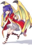  1girl :d absurdres bangs blush commentary dragon_wings dress eyebrows_visible_through_hair fire_emblem fire_emblem:_the_sacred_stones full_body hako_momiji highres long_hair looking_at_viewer myrrh_(fire_emblem) open_mouth purple_hair red_dress red_eyes sandals shadow short_dress simple_background smile solo twintails white_background white_dress wings wristband 