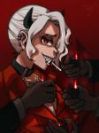  3portry absurdres cigarette ear_piercing eyeshadow hair_over_one_eye helltaker highres horns huge_filesize lighter lip_piercing makeup nose_piercing piercing red_eyes sharp_teeth smile teeth white_hair zdrada_(helltaker) 