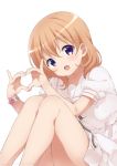  1girl :d bangs bare_legs bow bracelet brown_hair commentary_request dress eyebrows_visible_through_hair feet_out_of_frame gochuumon_wa_usagi_desu_ka? hair_between_eyes hands_up heart heart_hands highres hoto_cocoa jewelry knees_up long_hair looking_at_viewer neki_(wakiko) open_mouth puffy_short_sleeves puffy_sleeves sailor_collar sailor_dress short_sleeves smile solo striped striped_bow violet_eyes white_bow white_dress white_sailor_collar 