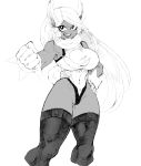  1girl absurdres animal_ears bare_shoulders boku_no_hero_academia breasts bright_pupils clenched_hands covered_navel dark_skin floating_hair gloves greyscale hand_on_hip highleg highleg_leotard highres large_breasts leotard long_hair looking_at_viewer mirko monochrome open_mouth rabbit_ears rye_(hyn_uka) simple_background smile solo thigh-highs very_long_hair white_background 